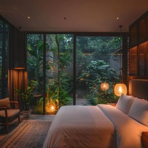 Serenity Oasis_ Cozy Bedroom Retreat with Big Windows and Lush Greenery