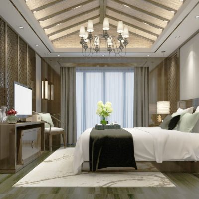 3d render. Modern hotel room interior scene.